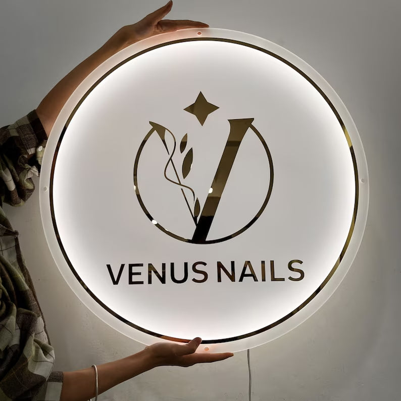 Custom Acrylic Backlit Sign with Golden Lettering and Golden Edges, Pe ...